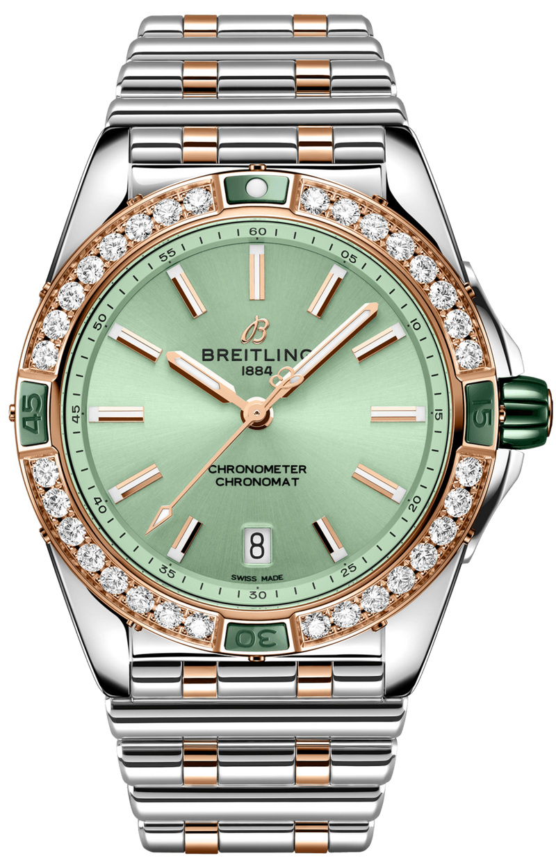 Breitling Super Chronomat Automatic 38 Diamonds Green Dial Two Tone Steel Strap Watch for Women - U17356531L1U1