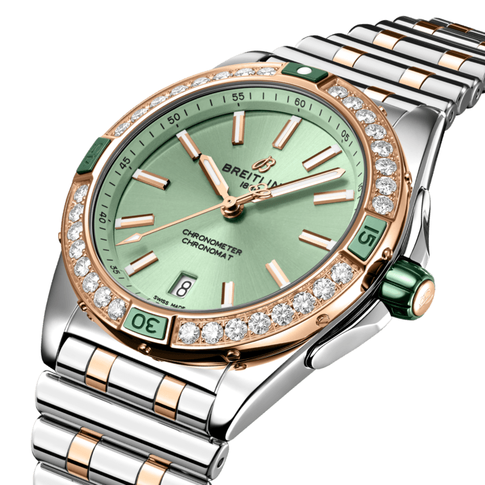 Breitling Super Chronomat Automatic 38 Diamonds Green Dial Two Tone Steel Strap Watch for Women - U17356531L1U1