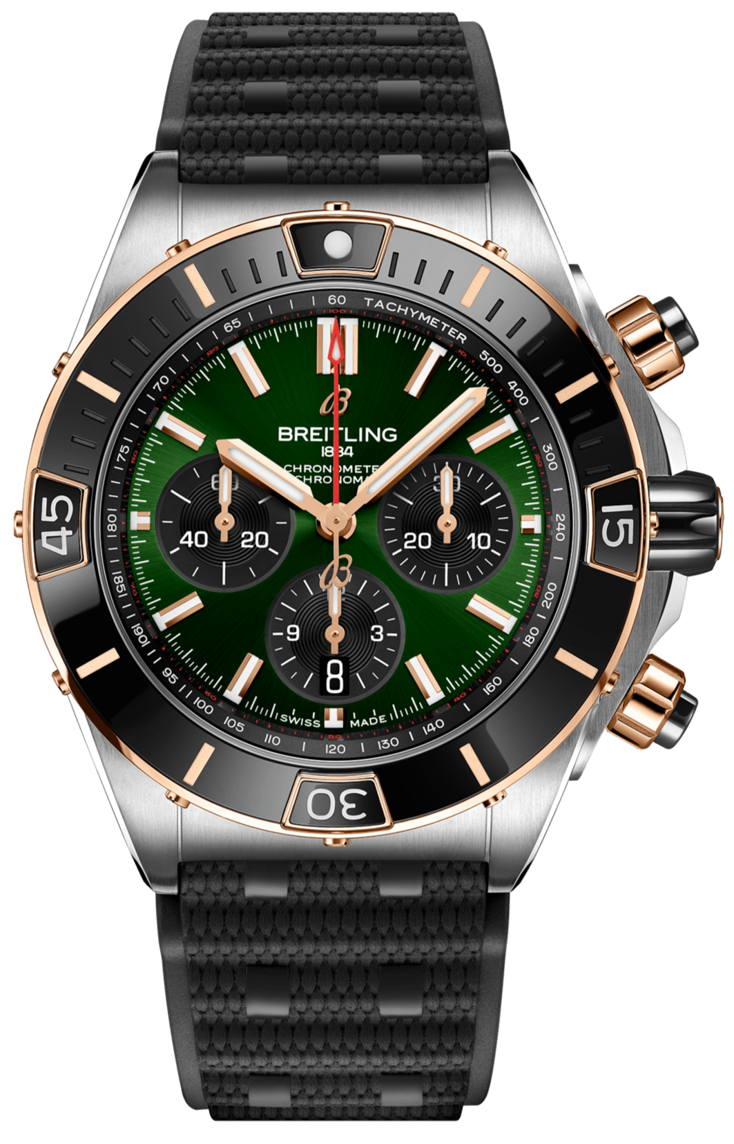 Breitling Super Chronomat B01 44 Green Dial Black Rubber Strap Watch for Men - UB0136251L1S1