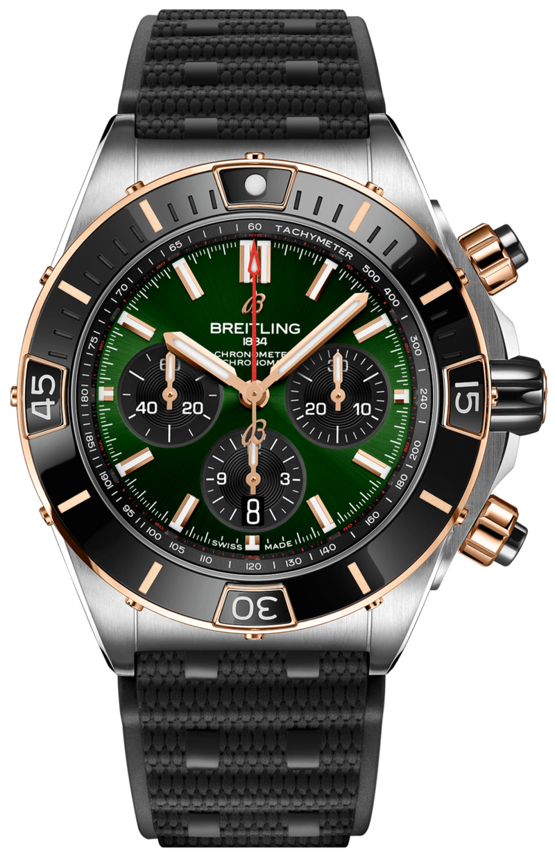 Breitling Super Chronomat B01 44 Green Dial Black Rubber Strap Watch for Men - UB0136251L1S1