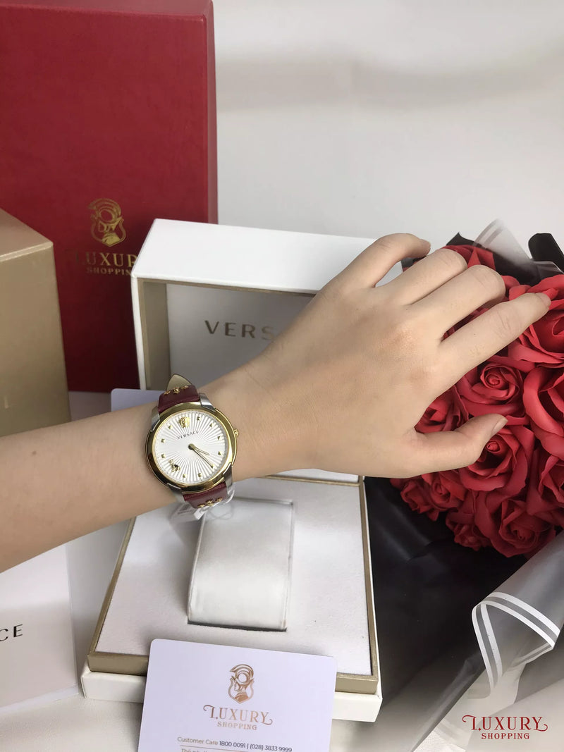 Versace Audrey Quartz Silver Dial Red Leather Strap Watch for Women - VELR00219 Buy Now By Versace