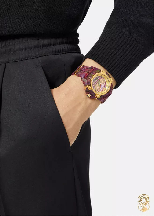 Versace Icon Active Chronograph Quartz Gold Dial Red Leather Strap Watch For Men - VEZ701222 Buy Now By Versace