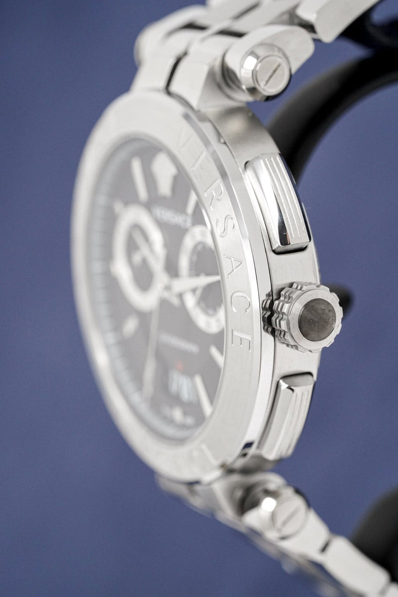 Versace Aion Chronograph Black Dial Silver Steel Strap Watch for Men - VBR080017 Buy Now By Versace