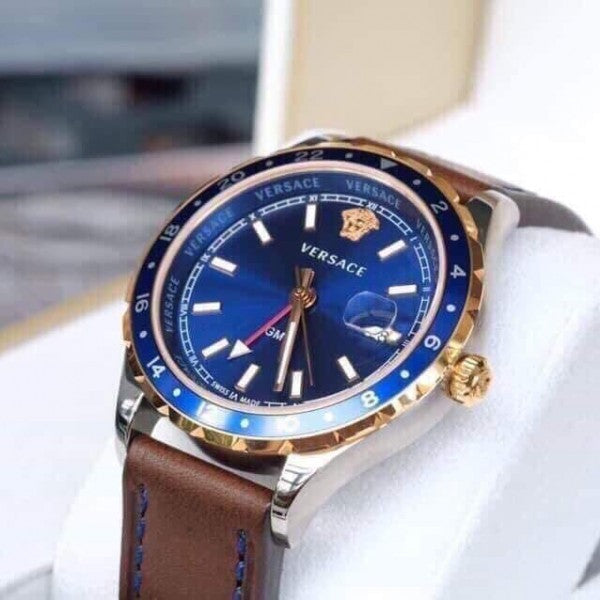Versace Hellenyium GMT Blue Dial Brown Leather Strap Watch for Men - V11080017 Buy Now By Versace