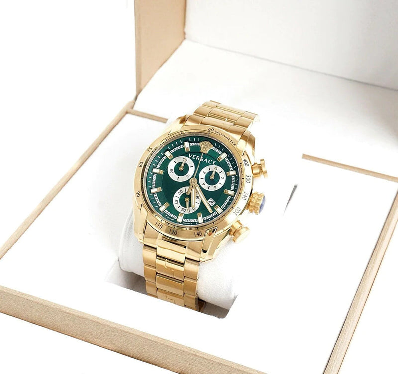 Versace V-Ray Chronograph Quartz Green Dial Gold Steel Strap Watch For Men - VE2I00621 Buy Now By Versace