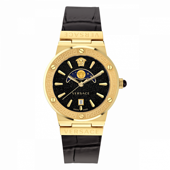 Versace Greca Moonphase Analog Black Dial Black Leather Strap Watch For Men - VE7G00123 Buy Now By Versace