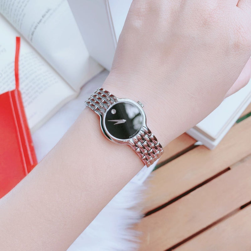 Shop Movado Veturi Quartz Black Dial Silver Steel Strap Watch for Women - 0606338 in USA