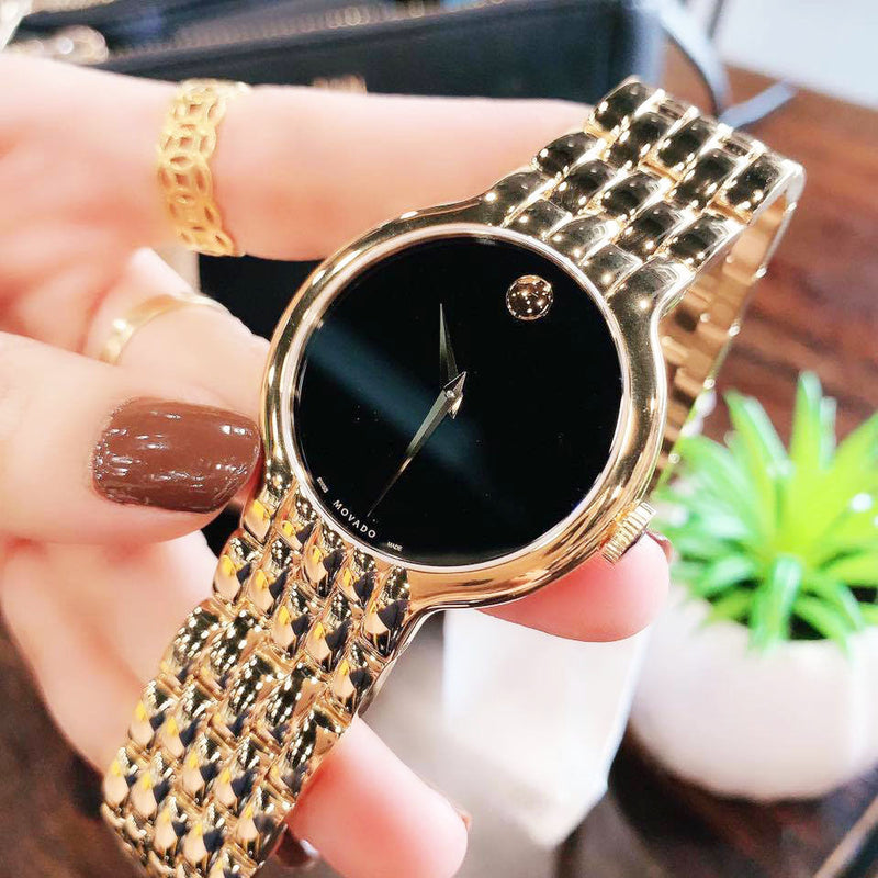 Shop Movado Veturi Quartz Black Dial Gold Steel Strap Watch for Men - 0606934 in USA
