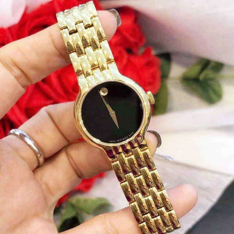 Shop Movado Veturi Black Dial Gold Steel Strap Watch for Women - 0606935 in USA