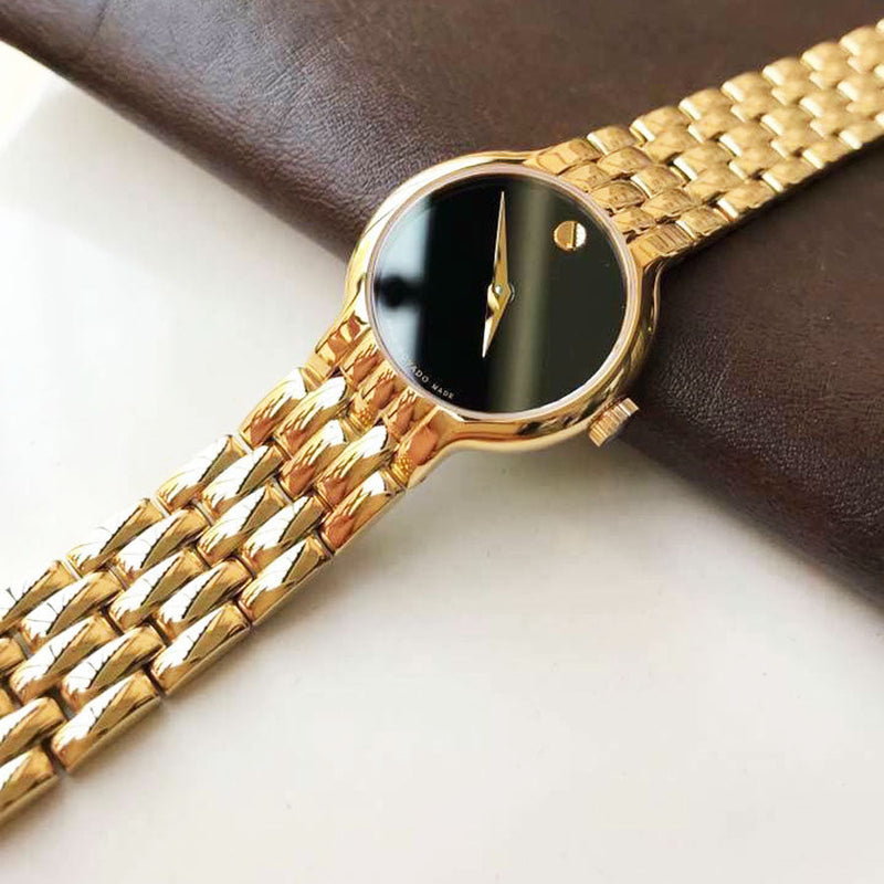 Shop Movado Veturi Black Dial Gold Steel Strap Watch for Women - 0606935 in USA