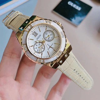 Guess Limelight Quartz Silver Dial Golden Leather Strap Watch For Women - W0775L2 Buy Now By Guess