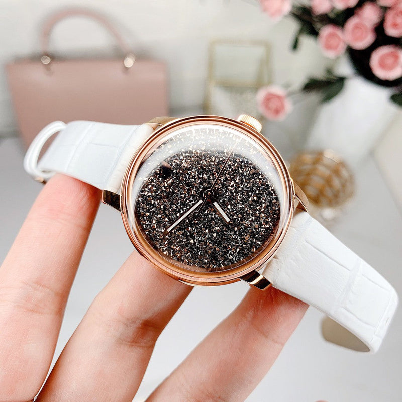 Shop Swarovski Crystalline Hours Quartz Grey Dial Black Leather Strap Watch for Women - 5344635 in USA