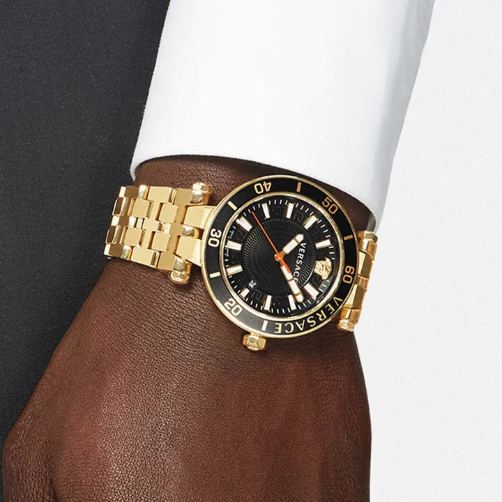 Versace Greca Sport Quartz Black Dial Gold Steel Strap Watch for Men - VEZ300721 Buy Now By Versace