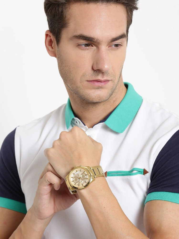 Shop Guess Analog Chronograph Gold Dial Gold Steel Strap Watch for Men - W0075G5 in USA