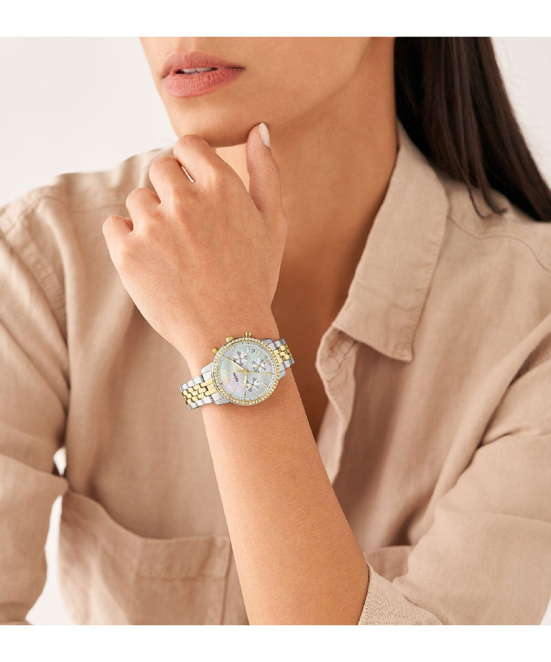 Guess Mini Spectrum Analog Silver Dial Two Tone Steel Strap Watch For Women - W0122L2 Buy Now By Guess