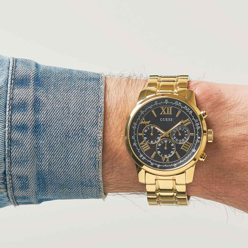 Guess Horizon Chronograph Black Dial Gold Steel Strap Watch For Men - W0379G4 Buy Now By Guess