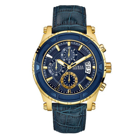 Shop Guess Pinnacle Chronograph Quartz Blue Dial Blue Leather Strap Watch For Men - W0673G2 in USA
