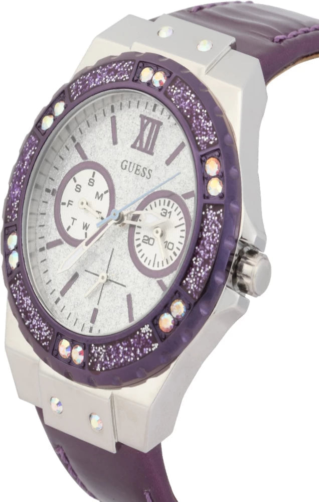 Shop Guess Limelight Quartz Silver Dial Purple Leather Strap Watch For Women - W0775L6 in USA