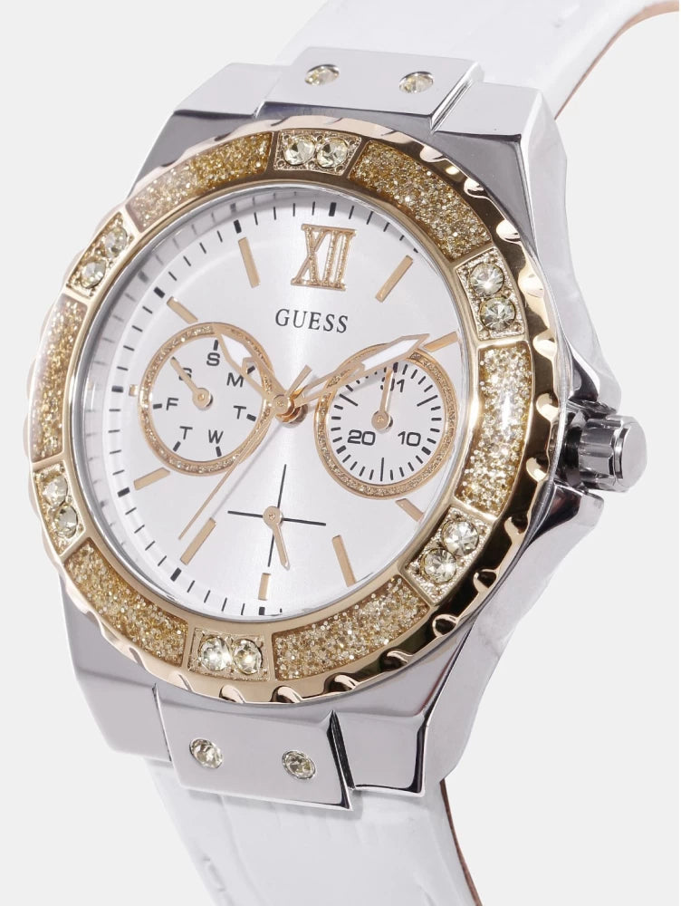 Guess Limelight Quartz Silver Dial White Leather Strap Watch For Women - W0775l8 Buy Now By Guess