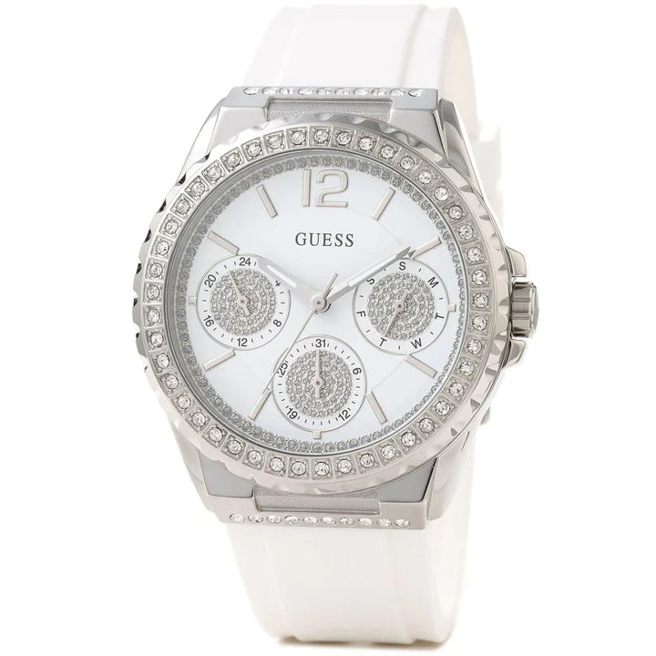 Guess Starlight Multifunction Diamonds White Dial White Rubber Strap Watch for Women - W0846L8 Buy Now By Guess
