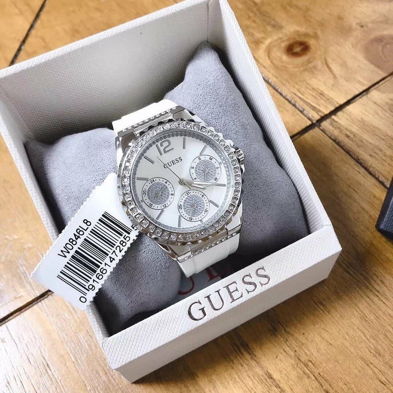 Guess Starlight Multifunction Diamonds White Dial White Rubber Strap Watch for Women - W0846L8 Buy Now By Guess