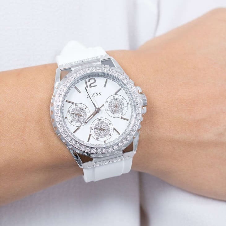 Guess Starlight Multifunction Diamonds White Dial White Rubber Strap Watch for Women - W0846L8 Buy Now By Guess