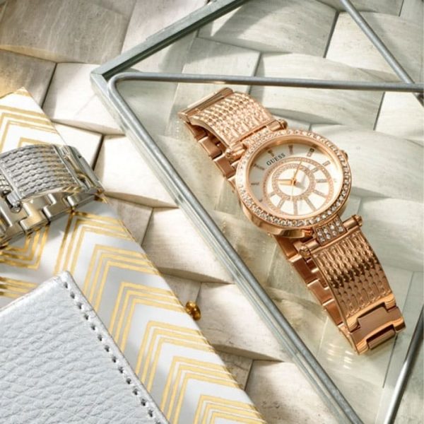 Guess Muse Quartz Silver Dial Rose Gold Steel Strap Watch For Women - W1008L3