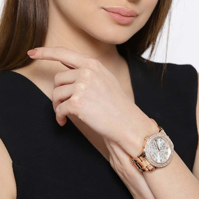 Guess Bedazzle Diamonds Silver Dial Rose Gold Steel Strap Watch For Women - W1097L3 Buy Now By Guess