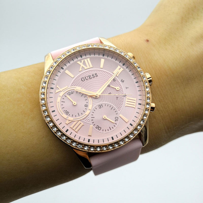Guess Solar Rose Gold Dial Pink Rubber Strap Watch For Women - W1135L2