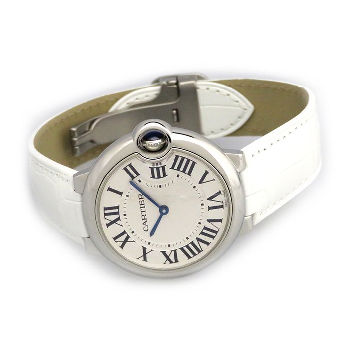 Shop Cartier Ballon Bleu de Cartier Silver Dial White Leather Strap Watch for Women - W6920087 in USA