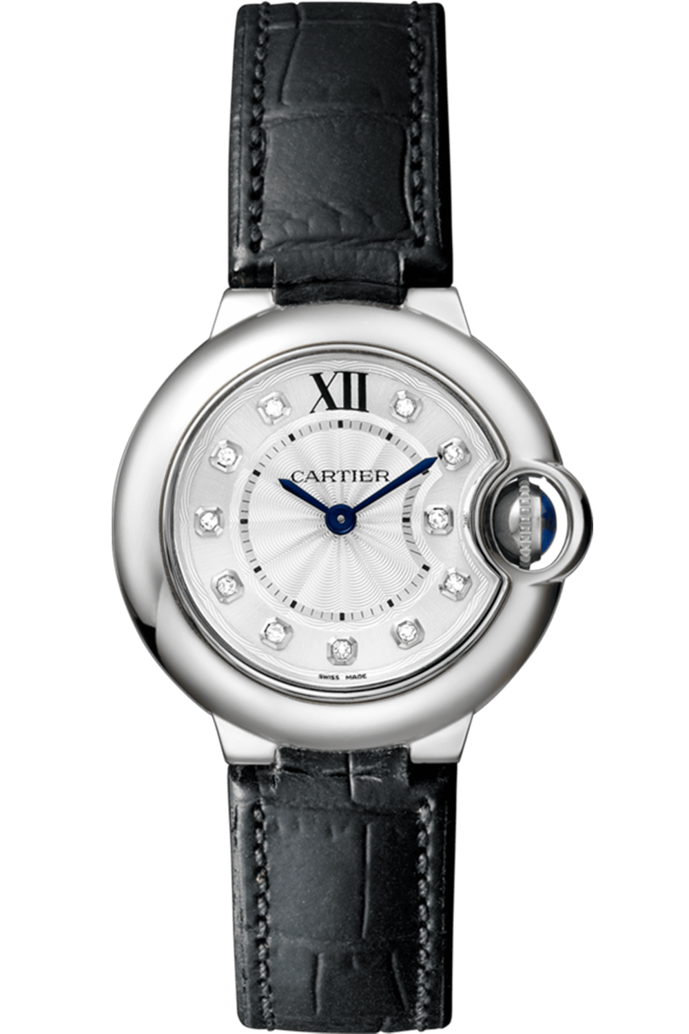 Cartier Ballon Bleu de Cartier Diamonds Silver Dial Black Leather Strap Watch for Women - W4BB0008