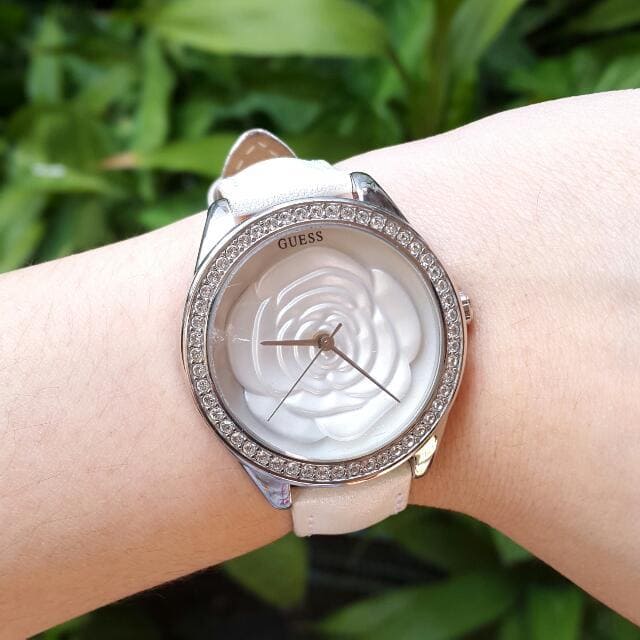 Guess Rosette Analog White Dial White Leather Strap Watch For Women - W75043L1 Buy Now By Guess