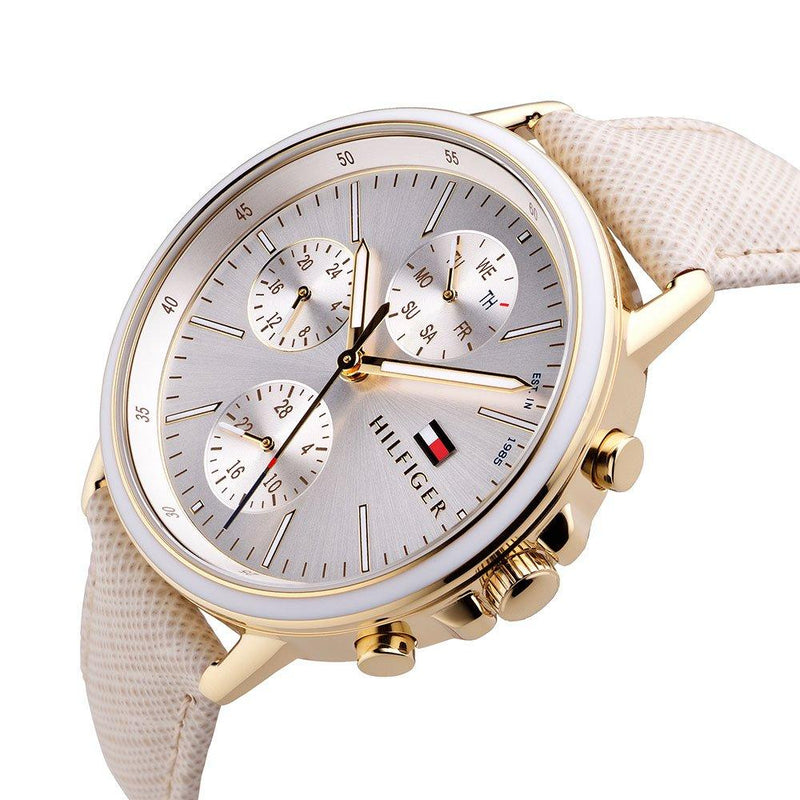 Shop Tommy Hilfiger Carly Silver Dial Cream Leather Strap Watch for Women - 1781790 in USA