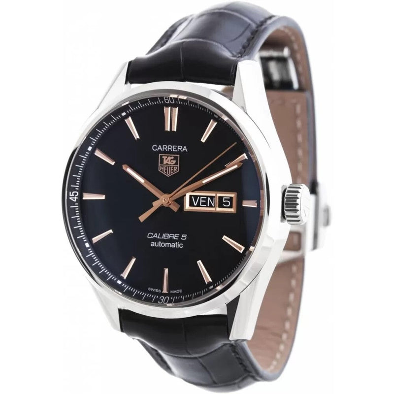 Tag Heuer Carrera Calibre 5 Automatic Black Dial Black Leather Strap Watch for Men - WAR201C.FC6266 Buy Now By Tag Heuer