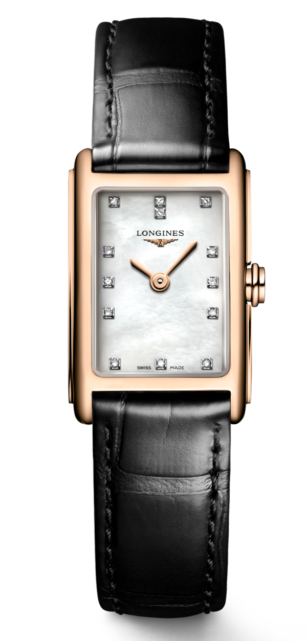 Shop Longines Dolcevita Diamonds Mother of Pearl White Dial Black Leather Strap Watch for Women - L5.258.8.87.0 in USA