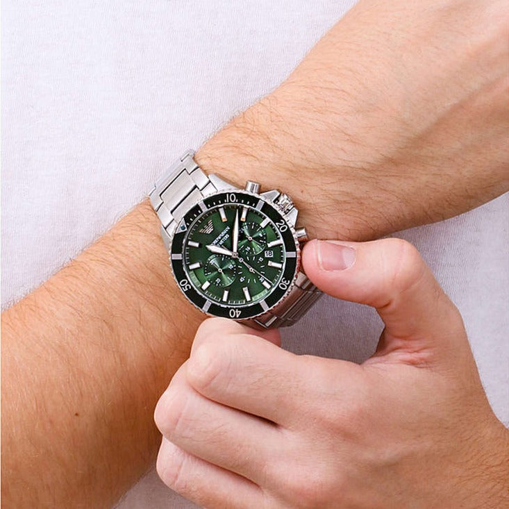 Emporio Armani Diver Chronograph Green Dial Silver Steel Strap Watch For Men - AR11500 Buy Now By Emporio Armani