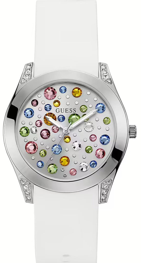 Guess Wanderlust Crystals Silver Dial White Rubber Strap Watch For Women - W1059L3 Buy Now By Guess