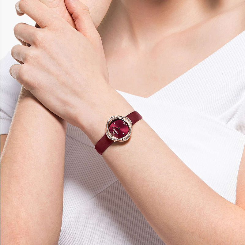 Shop Swarovski Crystal Flower Red Dial Red Leather Strap Watch for Women - 5552780 in USA