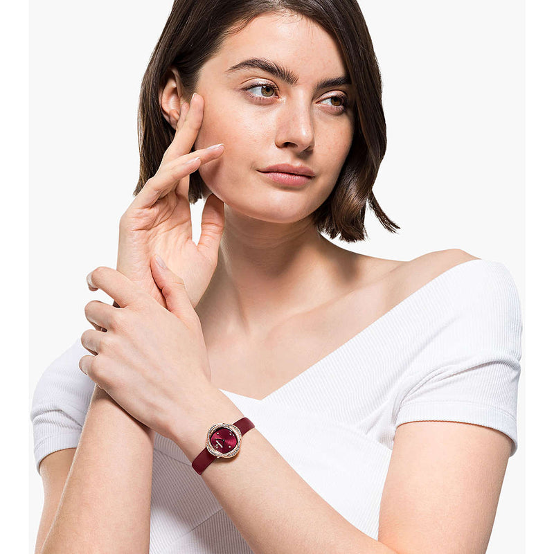 Shop Swarovski Crystal Flower Red Dial Red Leather Strap Watch for Women - 5552780 in USA