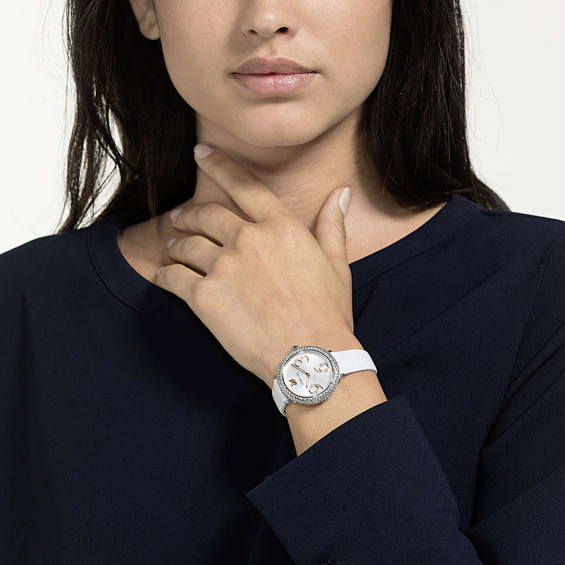 Shop Swarovski Crystal Frost Silver Dial White Leather Strap Watch for Women - 5484070 in USA