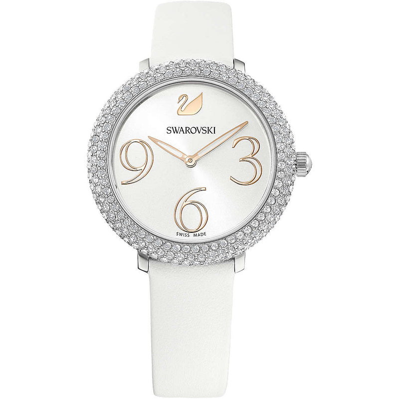 Shop Swarovski Crystal Frost Silver Dial White Leather Strap Watch for Women - 5484070 in USA