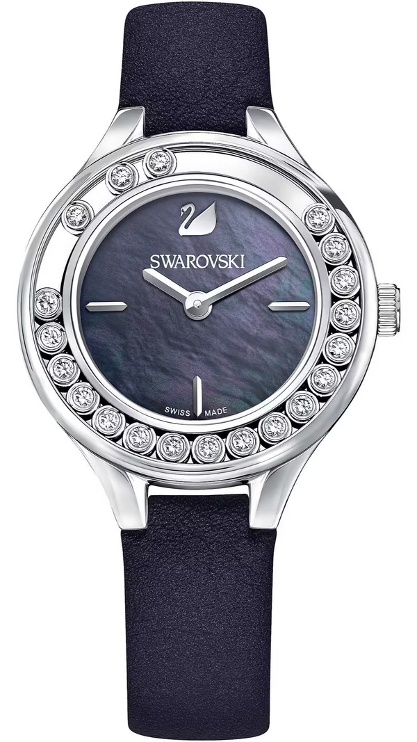 Shop Swarovski Lovely Crystals Mother of Pearl Black Dial Black Leather Strap Watch for Women - 5242898 in USA