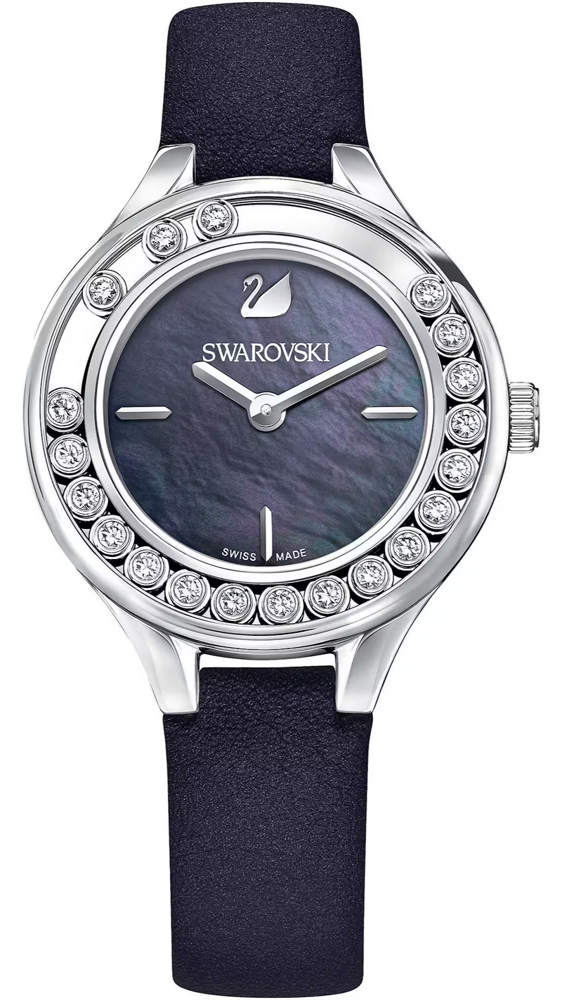 Shop Swarovski Lovely Crystals Mother of Pearl Black Dial Black Leather Strap Watch for Women - 5242898 in USA