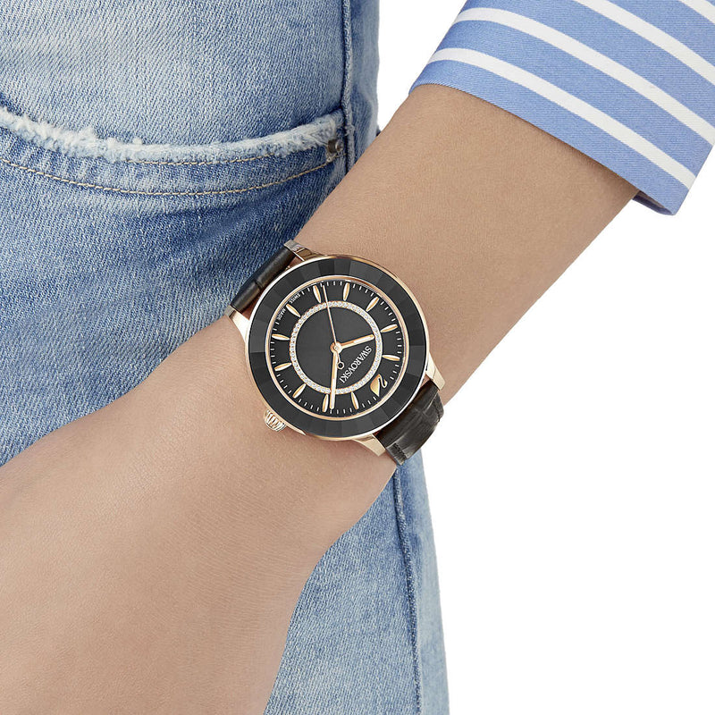 Swarovski Octea Lux Black Dial Black Leather Strap Watch for Women - 5414410 Buy Now By Swarovski