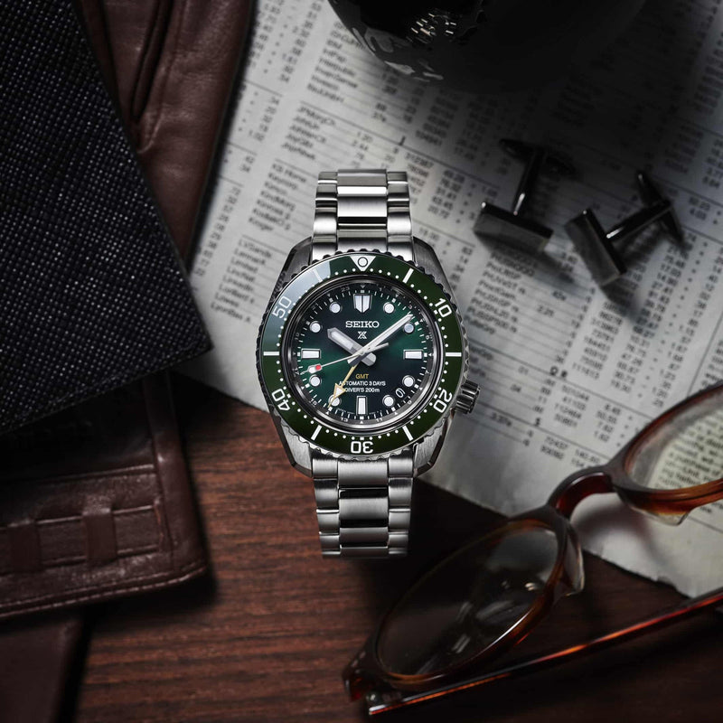 Shop Seiko Prospex GMT Divers Automatic Marine Green Dial Silver Steel Strap Watch For Men - SPB381J1 in USA