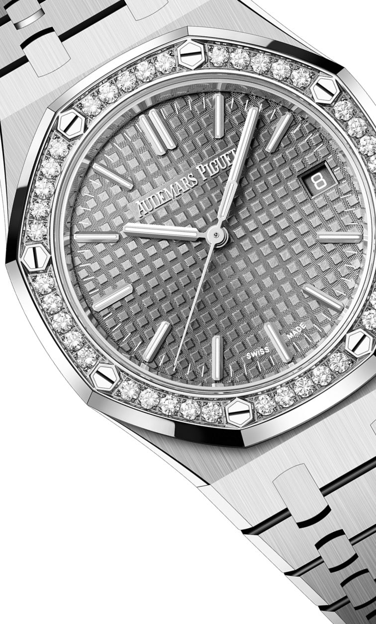 Audemars Piguet Royal Oak 50th Anniversary Diamonds Grey Dial Silver Steel Strap Watch for Men - 15551ST.ZZ.1356ST.03