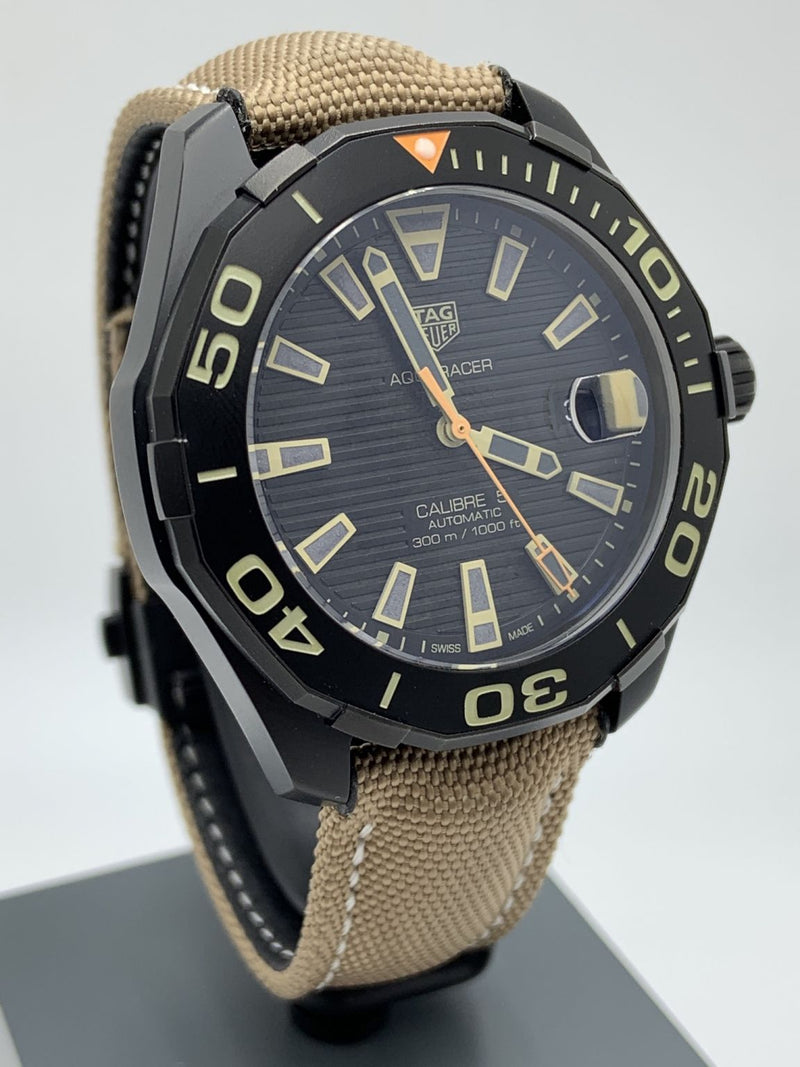 Shop Tag Heuer Aquaracer 300 Calibre 5 Automatic Black Dial Brown Fabric Strap Watch for Men - WAY208C.FC6383 in USA