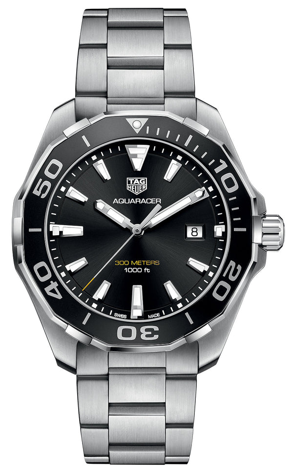 Shop Tag Heuer Aquaracer Quartz Black Dial Silver Steel Strap Watch for Men - WAY101A.BA0746 in USA