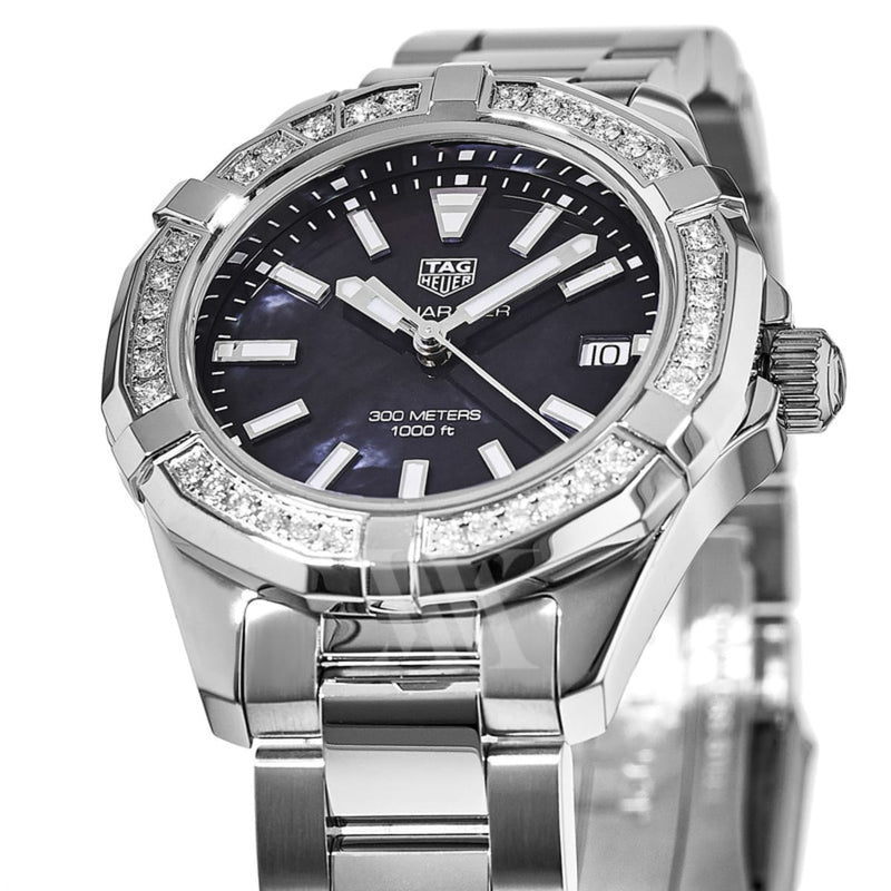 Shop Tag Heuer Aquaracer Quartz Diamonds Black Dial Silver Steel Strap Watch for Women - WAY131P.BA0748 in USA