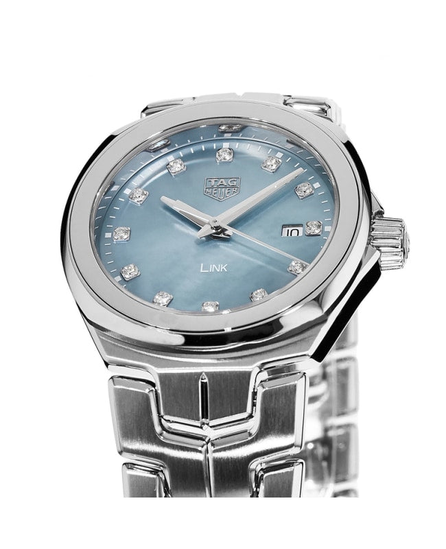 Shop Tag Heuer Link Quartz Diamonds Blue Mother of Pearl Dial Silver Steel Strap Watch for Women - WBC1313.BA0600 in USA
